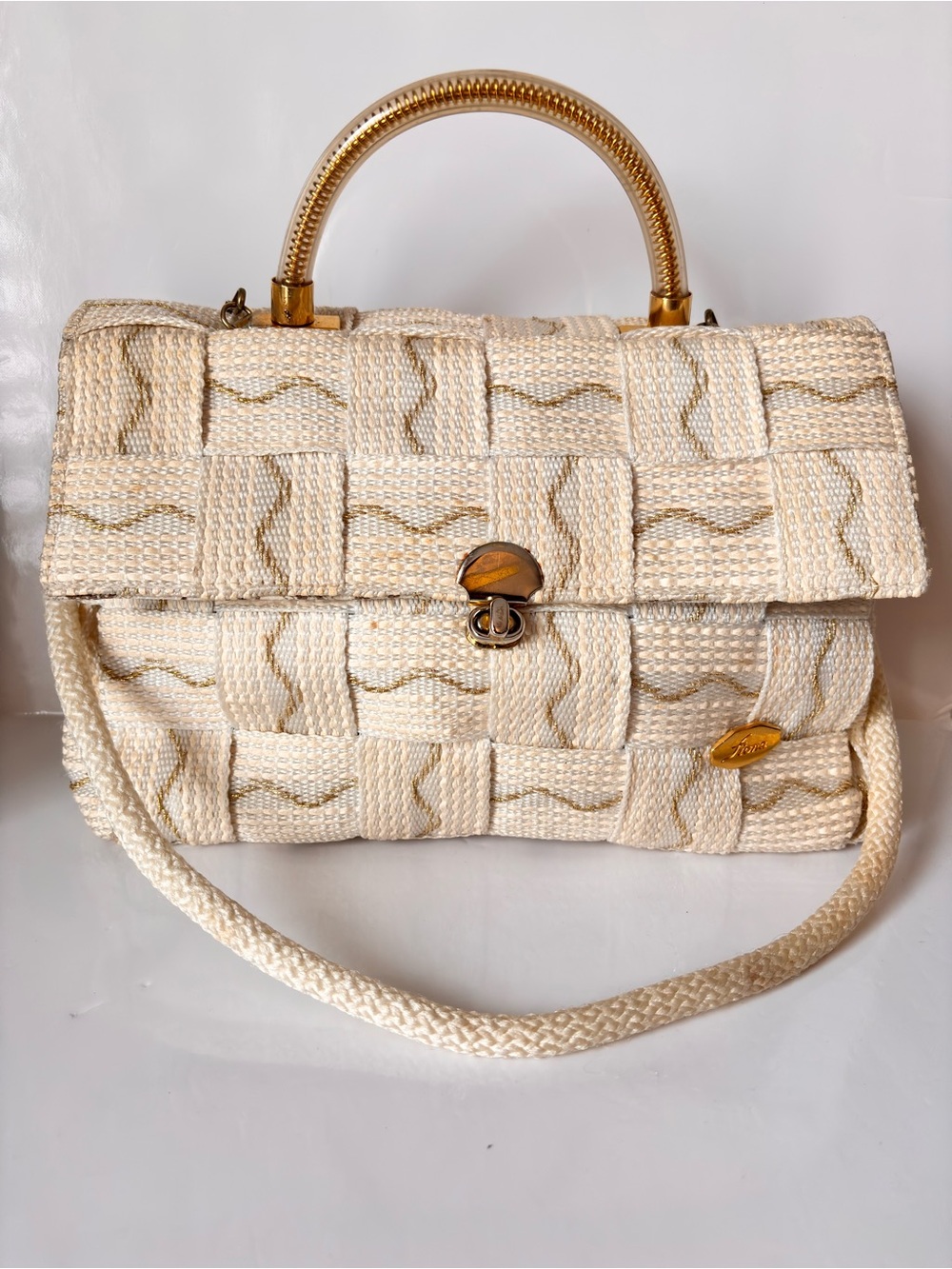 Fiona cream and Gold Woven Straw Purse